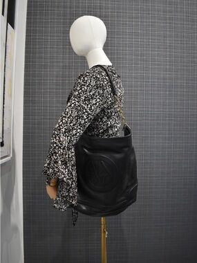 Armani Exchange Black Leather Hobo with Embossed Logo and Gold Chain Strap